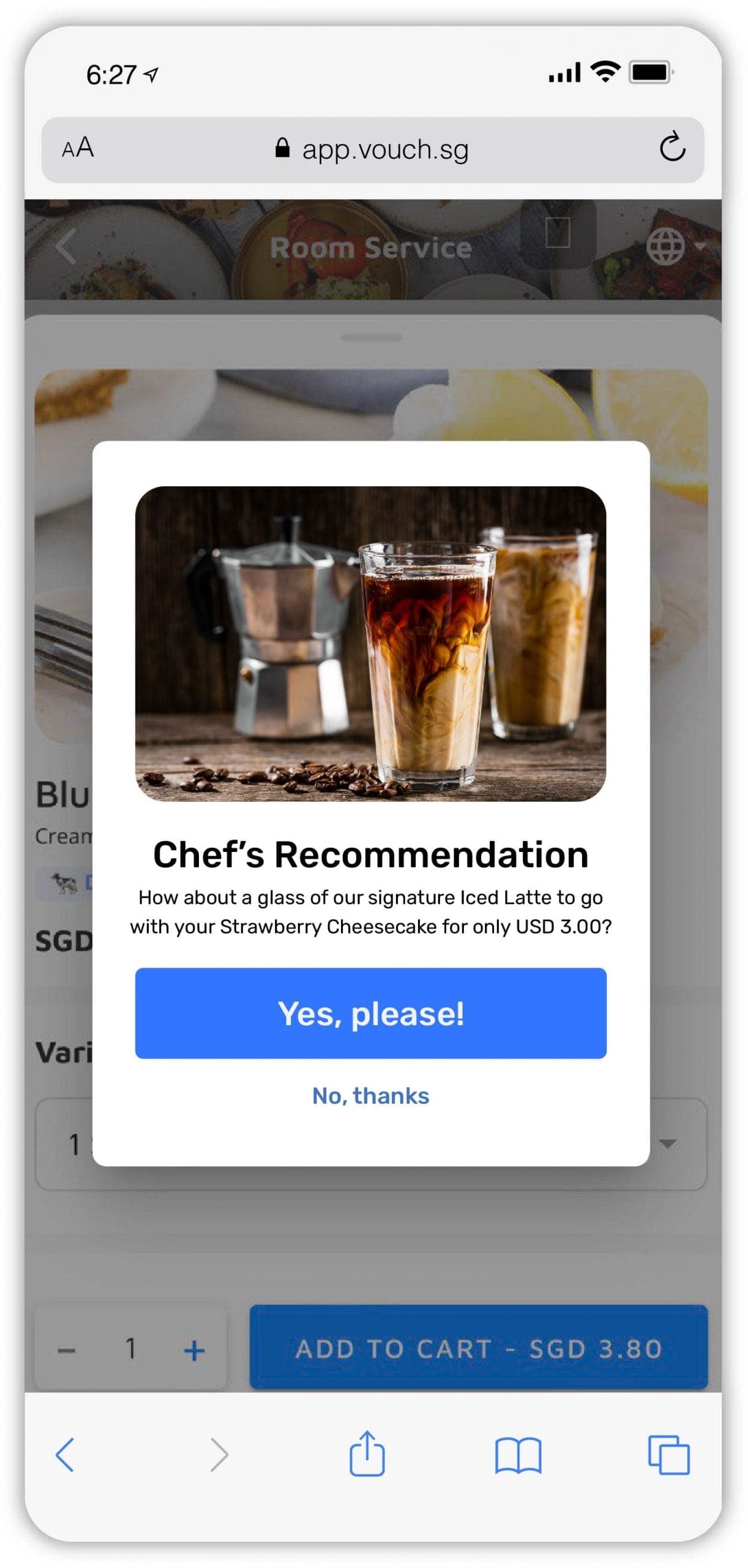 Relevant dining upsell shown to guest